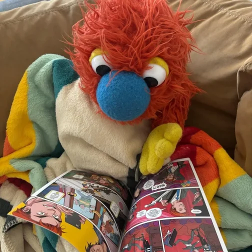 Ticklemuff reading a comic book while wrapped in a colorful blanket